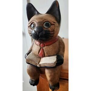 Vintage Folk Art Cat w/ Book & Red Tie Handmade Wooden Whimsical Shelf Sitter 7"